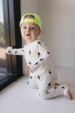 Load image into Gallery viewer, Bamboo Zip Pajamas | White &amp; Black Lightning Bolt (FF)
