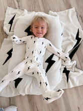 Load image into Gallery viewer, Bamboo Zip Pajamas | White &amp; Black Lightning Bolt (FF)
