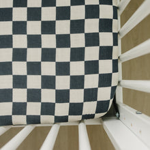 Load image into Gallery viewer, Charcoal Checkered Muslin Crib Sheet (Mebie Baby)
