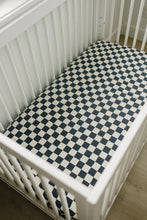 Load image into Gallery viewer, Charcoal Checkered Muslin Crib Sheet (Mebie Baby)
