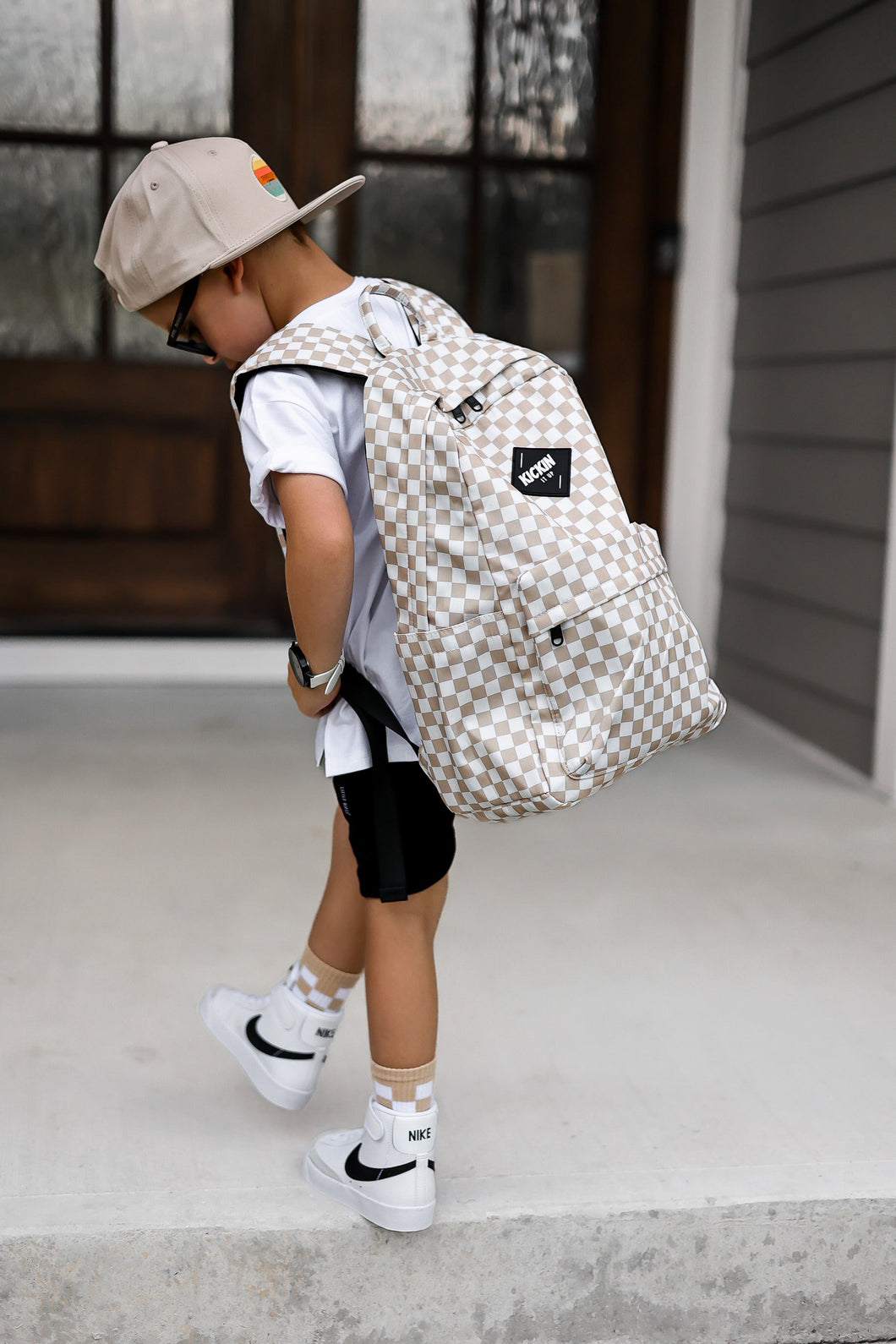 (KIU) Full Size Tan Checkered Backpack