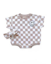 Load image into Gallery viewer, Short Sleeve Bubble Romper | Checkered Smiley Latte (LPK)
