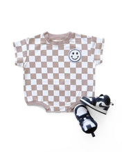 Load image into Gallery viewer, Short Sleeve Bubble Romper | Checkered Smiley Latte (LPK)
