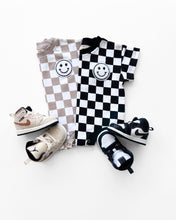 Load image into Gallery viewer, Short Sleeve Bubble Romper | Checkered Smiley Latte (LPK)
