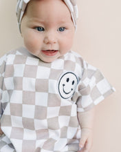 Load image into Gallery viewer, Short Sleeve Bubble Romper | Checkered Smiley Latte (LPK)
