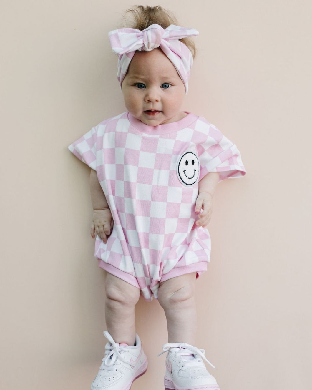 Short Sleeve Bubble Romper | Checkered Smiley Pink (LPK)