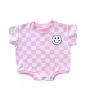 Load image into Gallery viewer, Short Sleeve Bubble Romper | Checkered Smiley Pink (LPK)
