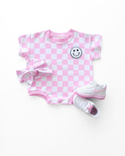 Load image into Gallery viewer, Short Sleeve Bubble Romper | Checkered Smiley Pink (LPK)
