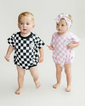 Load image into Gallery viewer, Short Sleeve Bubble Romper | Checkered Smiley Pink (LPK)
