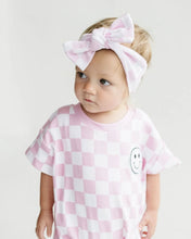 Load image into Gallery viewer, Short Sleeve Bubble Romper | Checkered Smiley Pink (LPK)
